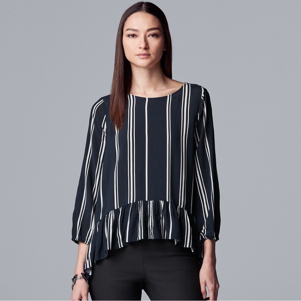 Women’s XL Simply Vera Vera Wang navy blue and white ruffle-trim top